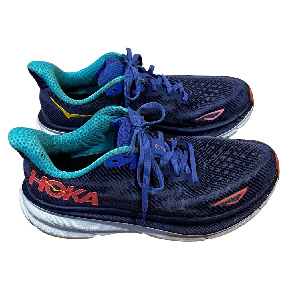 Hoka Clifton 9 Womens Road Running Sneaker Shoes 8.5 Navy Blue Teal Coral